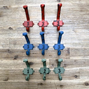 Op de afbeelding: Negen metalen haken met een rustieke afwerking, genummerd 1, 2 en 3. De haken zijn in drie kleuren geverfd: rood, blauw en groen.