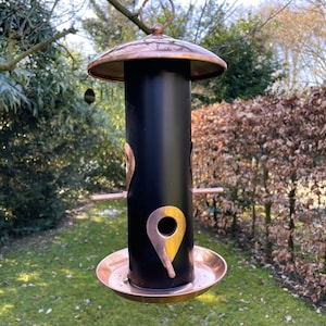 Bellissima mangiatoia per uccelli - Regalo da giardino - Mangiatoia per uccelli nera con elementi in rame