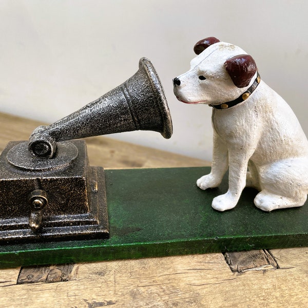 Belle figurine en fonte du chien Nipper avec gramophone "His Master's Voice" - HVM