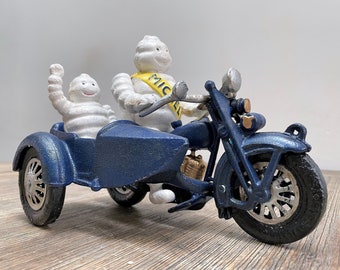 MICHELIN - TIRE MAN ON CYCLE w/SIDE CAR 【ミシュラン】 Michelin Tire Men Motorcycle Sidecar Cast Iron Patina Fatboy