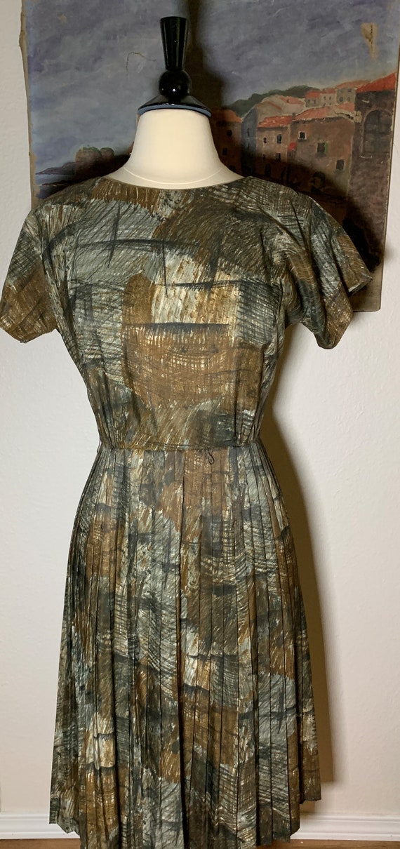 1950's Abstract Modern Print, Pleated Dress, Tiki