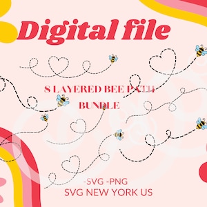 Bee SVG, Layered Bee path bundle, Dotted Dashed lines, bumble bee, honeybee, clipart, Bee Png Svg Cut files for Cricut Silhouette