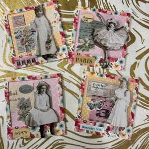 May include: Four vintage-style cards with floral borders and pink backgrounds. Each card features a different image of a young girl in a white dress. The cards have text on them, including "Paris", "Botany", "Fare 1234", "Hal Hotel de", "$1.00", "Photo for Crofeendel 1912", "November 30th", and "158978".