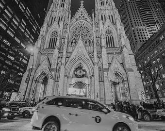 St Patrick’s Cathedral New York Black and White Print, NYC Street Photography, Gothic Architecture Wall Art, Manhattan City Decor
