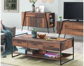Rustic Coffee Table with Drawers and Storage - Industrial Storage Cabinet Table Solid Wood Drawers and Shelves - Classic Sofa Table