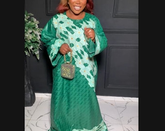 Embroidered Green Bazin Maxi Dress with Scarf  African Kaftan