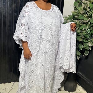 African luxury white lace Dress  | boubou kaftan | Free Size Maxi Gown for Women | Nigerian Traditional Outfit