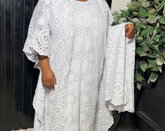 White Lace African Boubou Kaftan dressFree Size Maxi Gown with Scarf