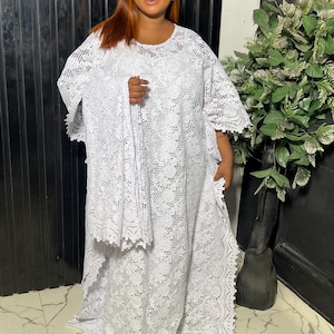 African luxury white lace Dress  | boubou kaftan | Free Size Maxi Gown for Women | Nigerian Traditional Outfit