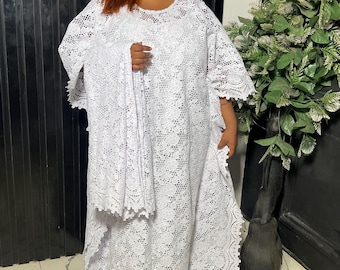 White Lace African Boubou Kaftan dress Free Size Maxi Gown with Scarf