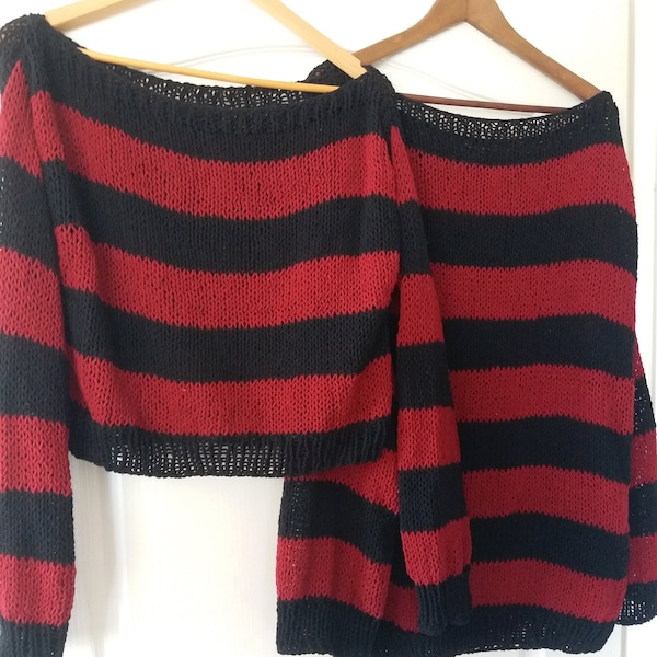 Striped Sweater, 90s Style Grunge Jumper, Nonbinary Punk Shirt, Red Black Stripes, Grunge Clothing, Goth Outfit, 100% Acrylic, Unisex