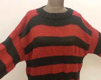 Kurt Cobain Red and Black Striped Jumper Oversize Sweater, Mens Grunge Sweater, Unisex Knit Sweater, Punk Rock 90s, Nirvana, Gothic Clothing