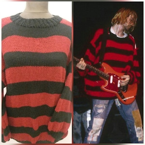 Kurt Cobain Red and Black Striped Jumper Oversize Sweater, Mens Grunge Sweater, Unisex Knit Sweater, Punk Rock 90s, Nirvana, Gothic Clothing