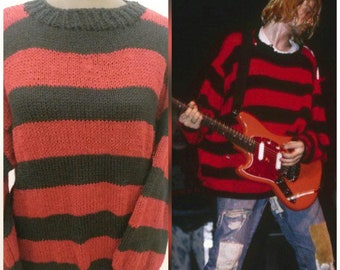Kurt Cobain Red and Black Striped Jumper Oversize Sweater, Mens Grunge Sweater, Unisex Knit Sweater, Punk Rock 90s, Nirvana, Gothic Clothing