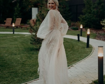 Blush wedding dress with pearls