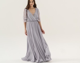 Grey chiffon pleated wedding dress Dahlia