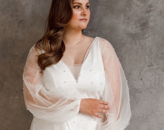 Plus Size Boho Wedding Dress with Long Sleeves, Deep V Neckline, Tall Slit, White Bohemian  Pearl Gown for Bridal from, Tule, Pearls, Satin