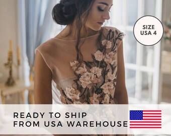 ¡Listo para enviar! Talla USA 4, Vestido boudoir nupcial melocotón para mujer en la boda, Vestido boudoir floral largo con rosas sobre encaje, Vestido boudoir beige