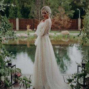 Blush wedding dress with pearls image 6