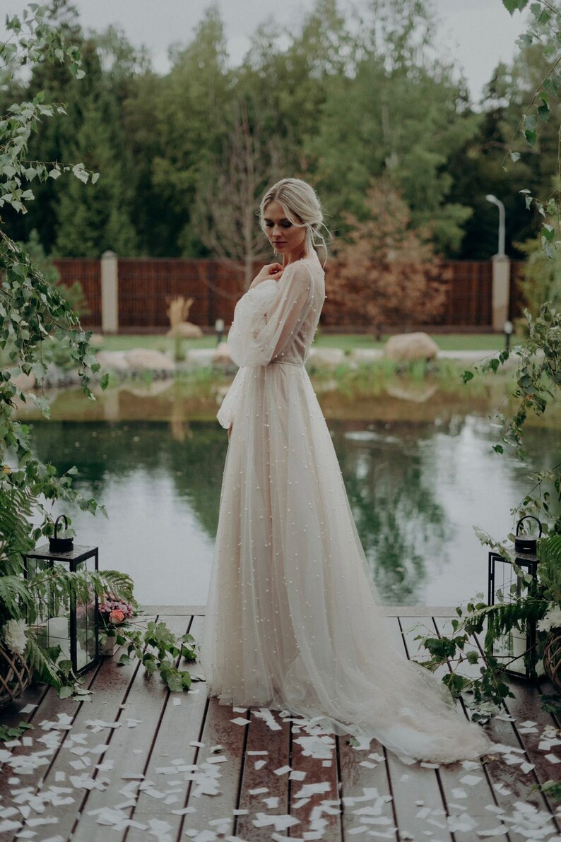 Blush wedding dress with pearls image 6