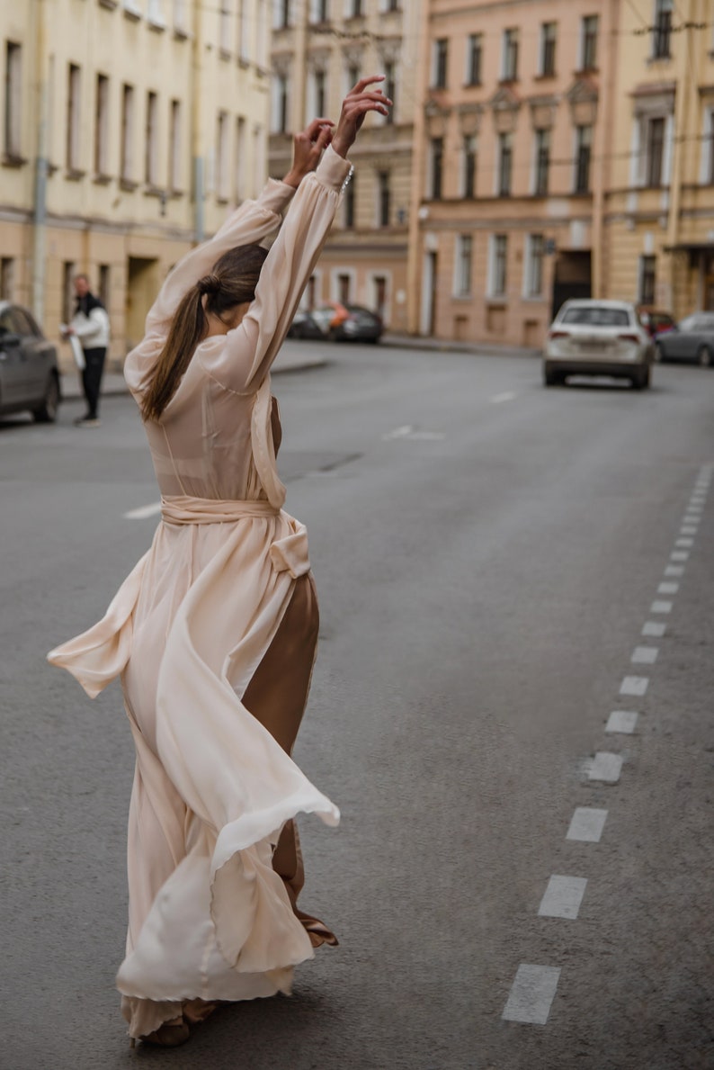 Chiffon beige set robe and slip image 6