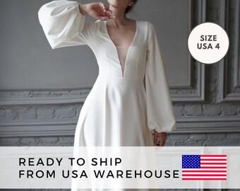 Ready To Ship! Size USA 4, Elegant Ivory Wedding Dress with Fitted Silhouette, Vintage Long Puff Sleeves in Luxurious Crepe, Tiffany