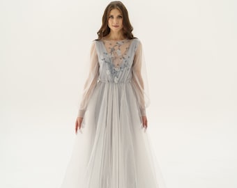 Grey floral tulle wedding dress Peony