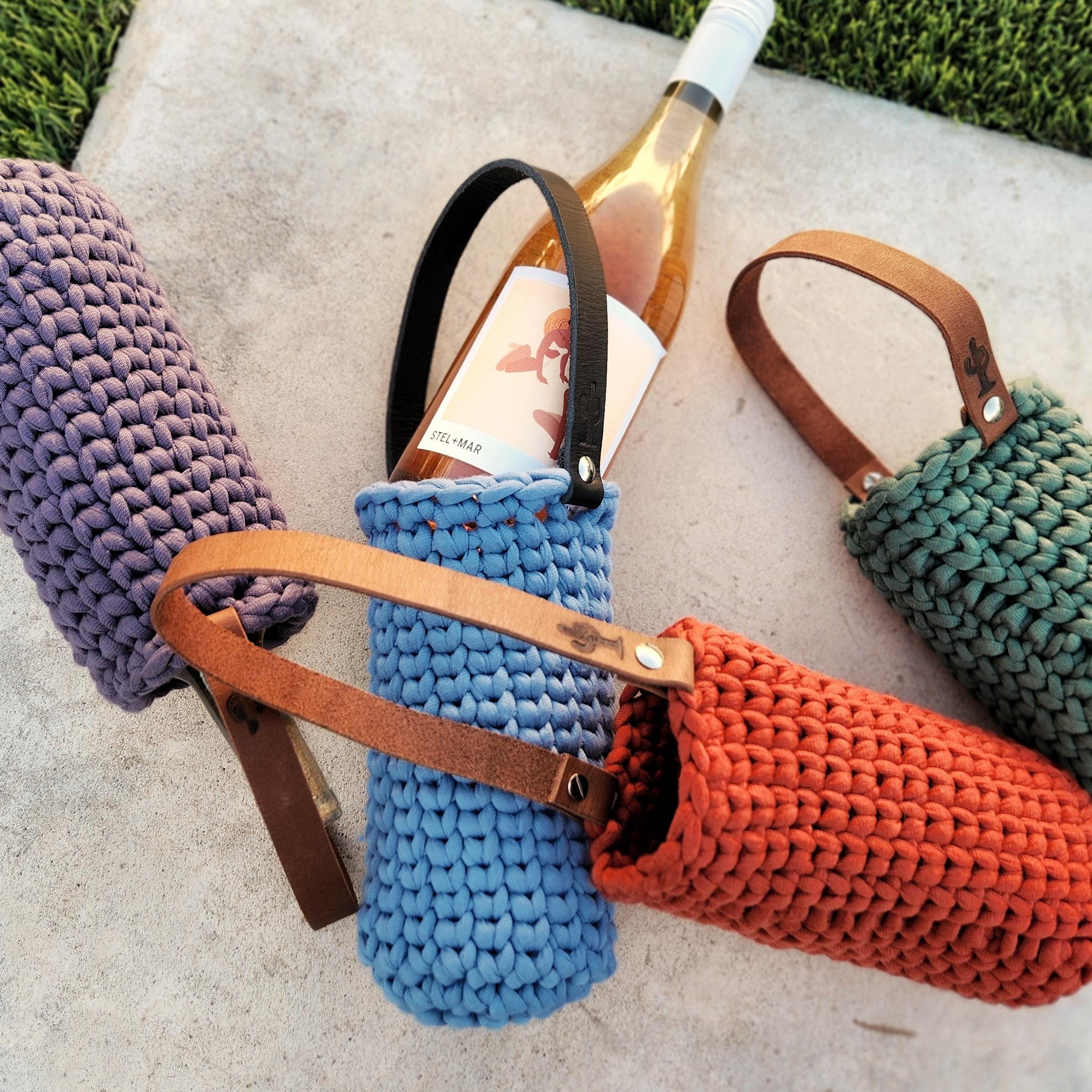 Crocheted Wine Bottle Holder: Handmade Yarn Tote With Leather Strap - Etsy