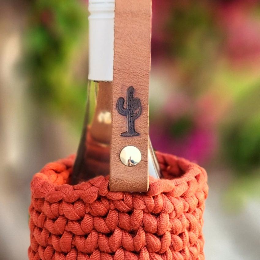 Crocheted Wine Bottle Holder: Handmade Yarn Tote With Leather Strap - Etsy