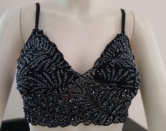 Pailletten handgemachte BluseCrystal Perlen Ärmellose Bluse | Handgemachtes besticktes Abend Top | Schwarz & Puderrosa