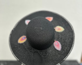 Hut, Schwarzer Hut, Runder Hut, Feierlicher Hut, Pfauenfeder Optik gewebt, Juteseil Hut, Damenhut, Sonnenhut, Jubiläumshut, Geschenk zum Valentinstag