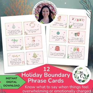 May include: A set of 12 Holiday Boundary Phrase Cards with text like "I'm going to take a short break" and "I need a moment to regroup." The cards have a pink background with holiday-themed illustrations. The phrase cards are an instant digital download.