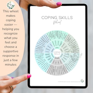 coping skills wheel, coping skills tools, coping skill strategies for anger, sadness and grief