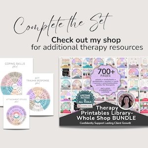 May include: A promotional image for therapy resources. The image includes a set of printable therapy materials, including wheels, worksheets, and guidebooks. The text includes "Complete the Set", "Check out my shop", and "Ultimate Therapy Printables Library - Whole Shop BUNDLE".