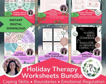 Holiday Therapy Worksheets Bundle | Coping Strategies, Boundaries, Stress Relief, Psychology Tools, Holiday Tools for Anxiety PRINTABLE