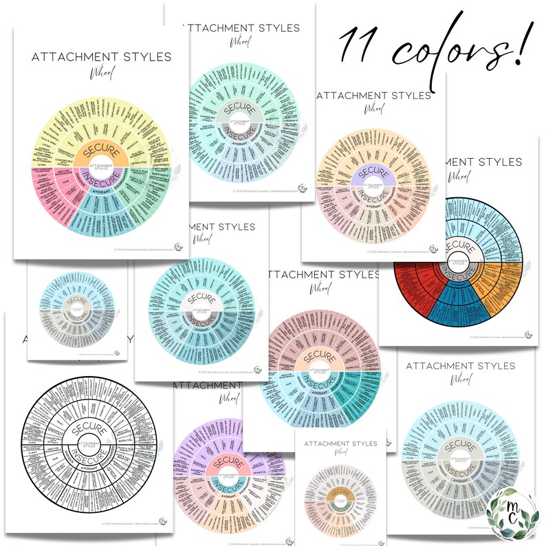 11 color variations of the attachment styles wheel