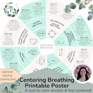 Peut inclure: Une affiche imprimable aux couleurs turquoise et blanches, présentant un diagramme circulaire illustrant diverses techniques de respiration. Le texte comprend "Centering Breathing Printable Poster" et "A tool to calm anxiety & feel centered."