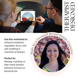 May include: A digital worksheet displayed on a tablet, with the text "Therapist Designed." The image includes a photo of a woman and the text "Made by a Licensed Mental Health Counselor."