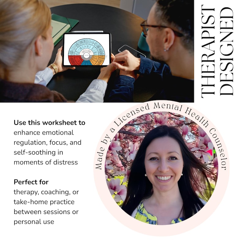 May include: A digital worksheet displayed on a tablet, with the text "Therapist Designed." The image includes a photo of a woman and the text "Made by a Licensed Mental Health Counselor."