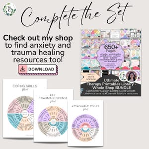 May include: A promotional image for therapy resources. The image includes a set of printable therapy materials, including wheels, worksheets, and guidebooks. The text includes "Complete the Set", "Check out my shop", and "Ultimate Therapy Printables Library - Whole Shop BUNDLE".