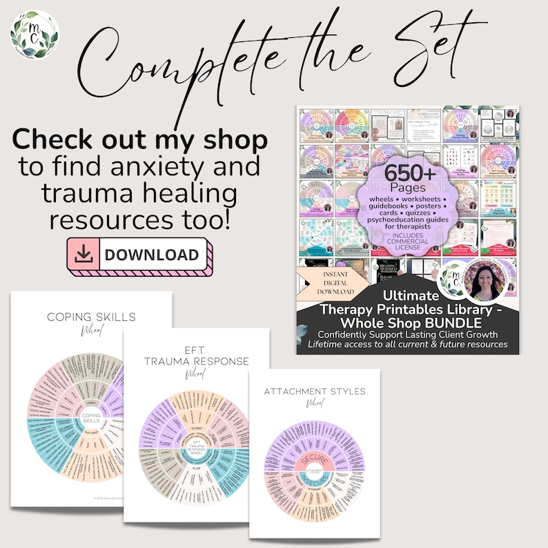 May include: A promotional image for therapy resources. The image includes a set of printable therapy materials, including wheels, worksheets, and guidebooks. The text includes "Complete the Set", "Check out my shop", and "Ultimate Therapy Printables Library - Whole Shop BUNDLE".