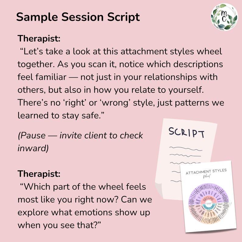 Attachment Styles Wheel poster describing key traits of secure, anxious, avoidant, and fearful-avoidant styles. Perfect for individuals working on relationship anxiety or abandonment wounds. Can be used in therapy, coaching, classrooms, or self-help journaling to support emotional healing and healthy connection. Session script for use in therapy with adults, teenagers, children.