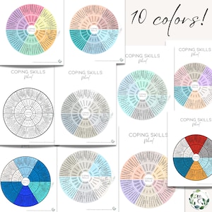 coping skills wheel printable poster with 10 different color variations