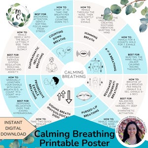 May include: A printable poster on calming breathing techniques, featuring 8 easy methods for stress relief. The poster includes diagrams and instructions for techniques like diaphragmatic breathing and humming breath.