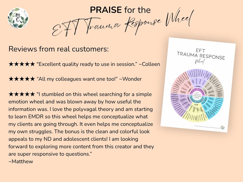 Clinical trauma response wheel designed for psychotherapy sessions to normalize nervous system reactions and attachment-based coping strategies.