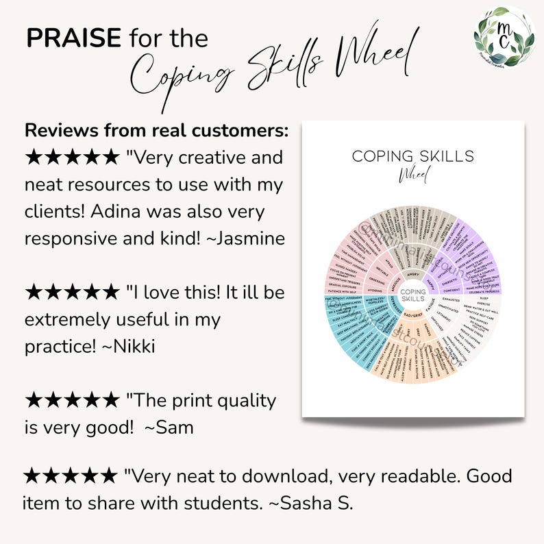 May include: A printable "Coping Skills Wheel" with a circular design, featuring various coping strategies. The image includes customer reviews and the text "PRAISE for the Coping Skills Wheel."