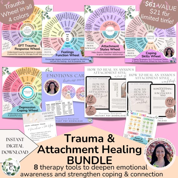 Trauma & Anxious Attachment Therapy Bundle: Feelings Wheel, Journal - Printable Worksheets and Workbooks DIGITAL DOWNLOAD