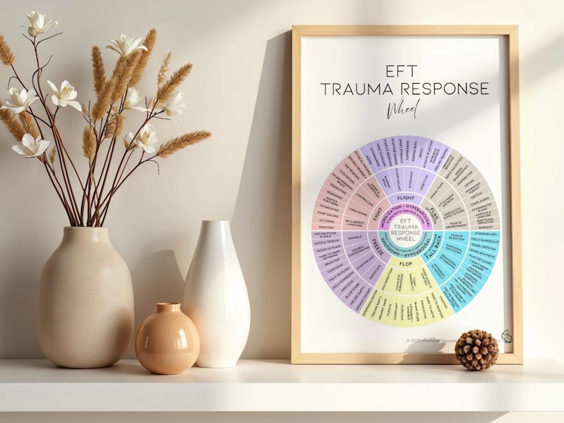 Trauma-informed therapy resource illustrating hyperarousal and hypoarousal nervous system responses alongside attachment behaviors and emotional experiences.