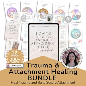 Trauma and attachment healing bundle for therapists with printable worksheets, workbook, wheels, emotion cards, and regulation tools.