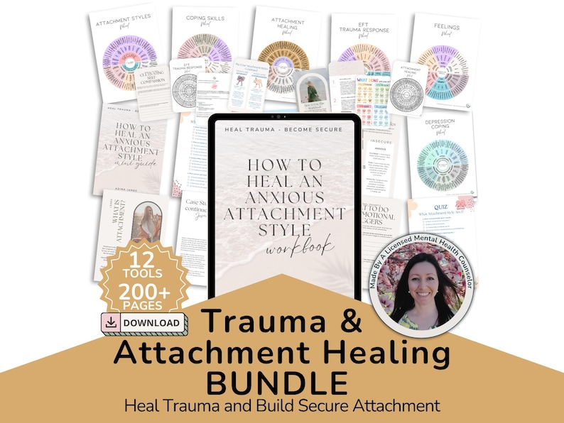 Trauma and attachment healing bundle for therapists with printable worksheets, workbook, wheels, emotion cards, and regulation tools.